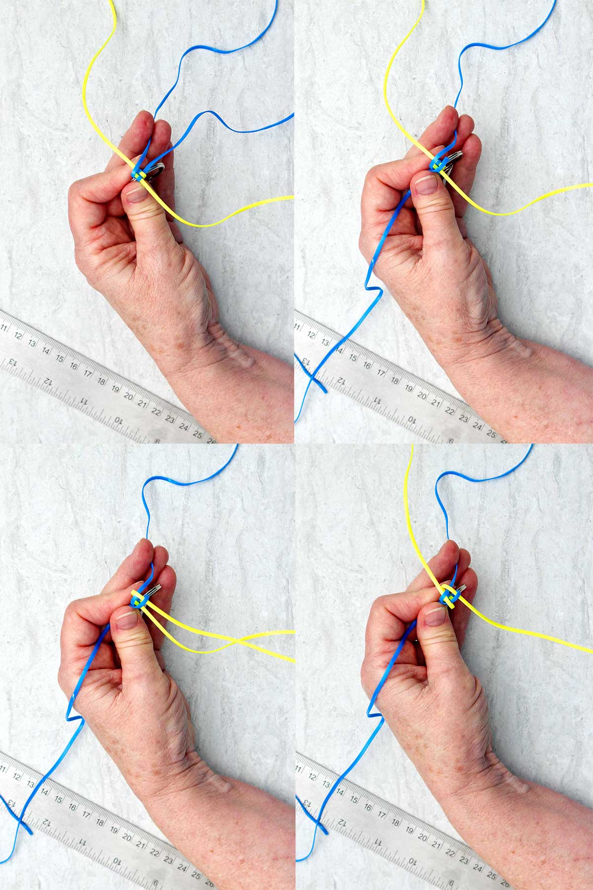 Steps for weaving a yellow and blue boondoggle keychain.