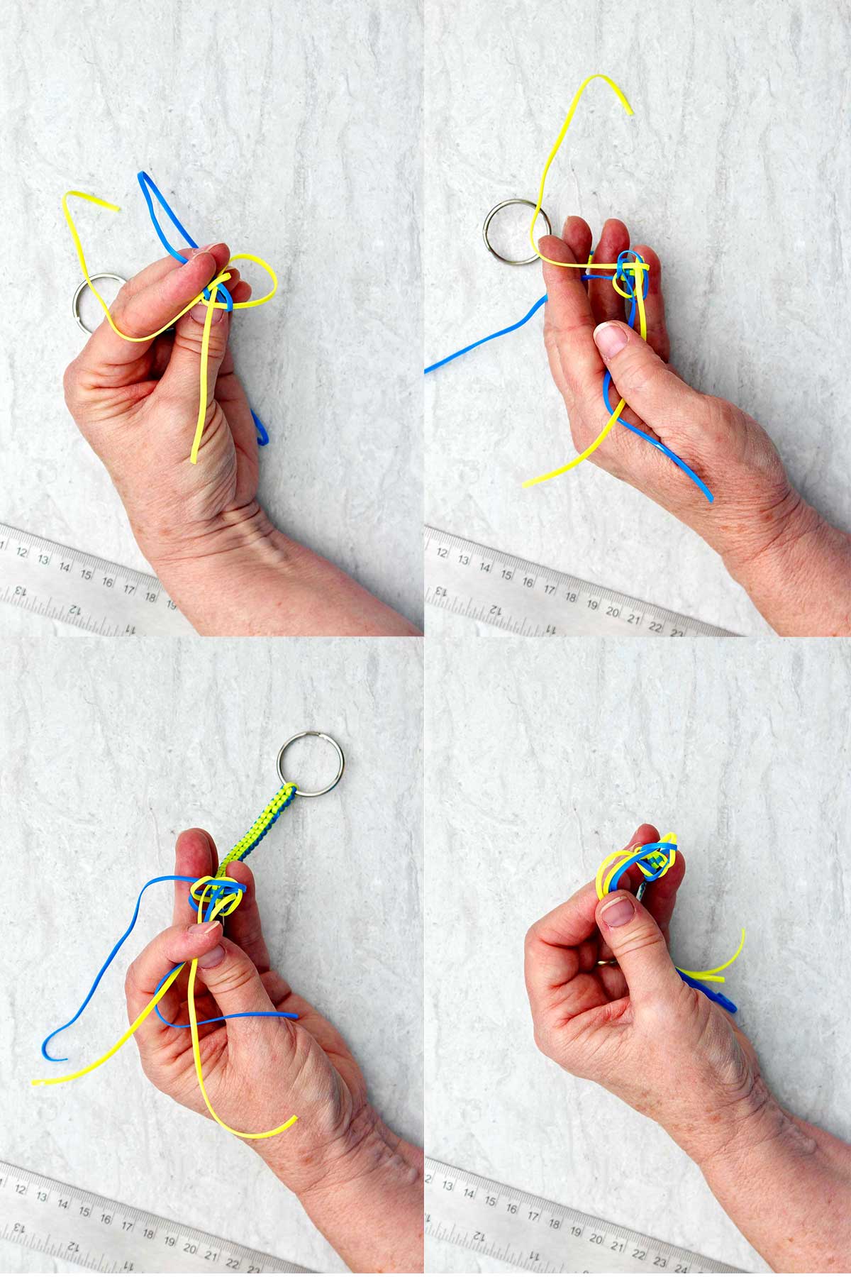 Steps for weaving a yellow and blue boondoggle keychain.