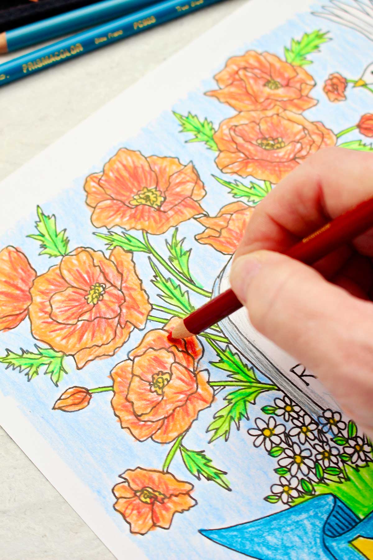 Close up image of hand coloring flowers red on Memorial Day Coloring Page.