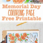 A completed Memorial Day Coloring Page on a clip board and an image of a hand coloring flowers red.