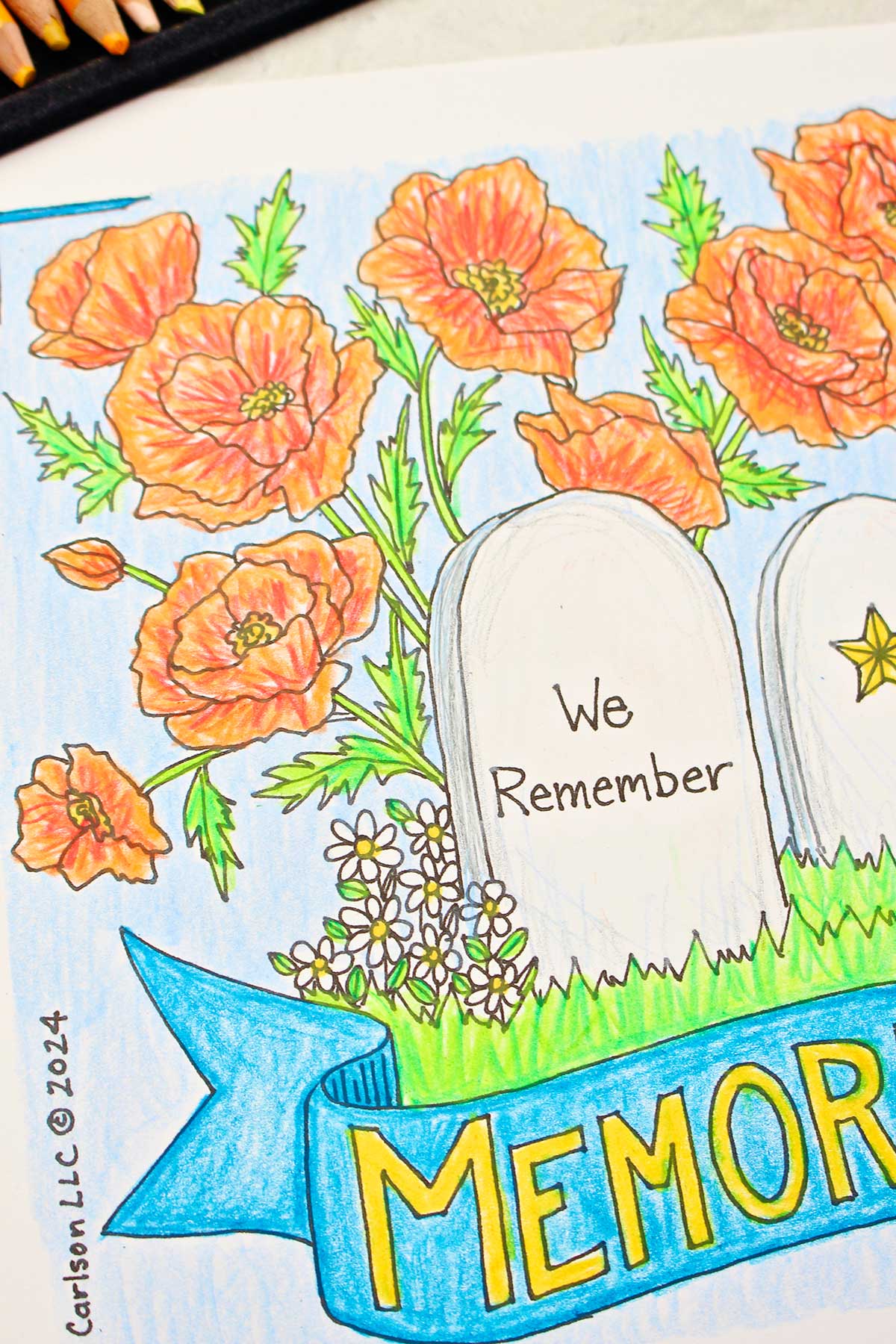 Close up view of completed Memorial Day Coloring Page showing flowers and headstone.