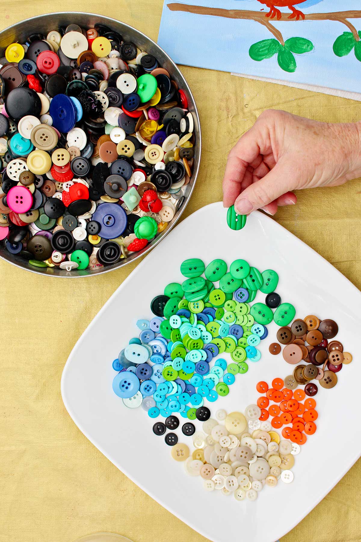 Person holding a green button with a tin of buttons and a plate of colored piles of buttons.