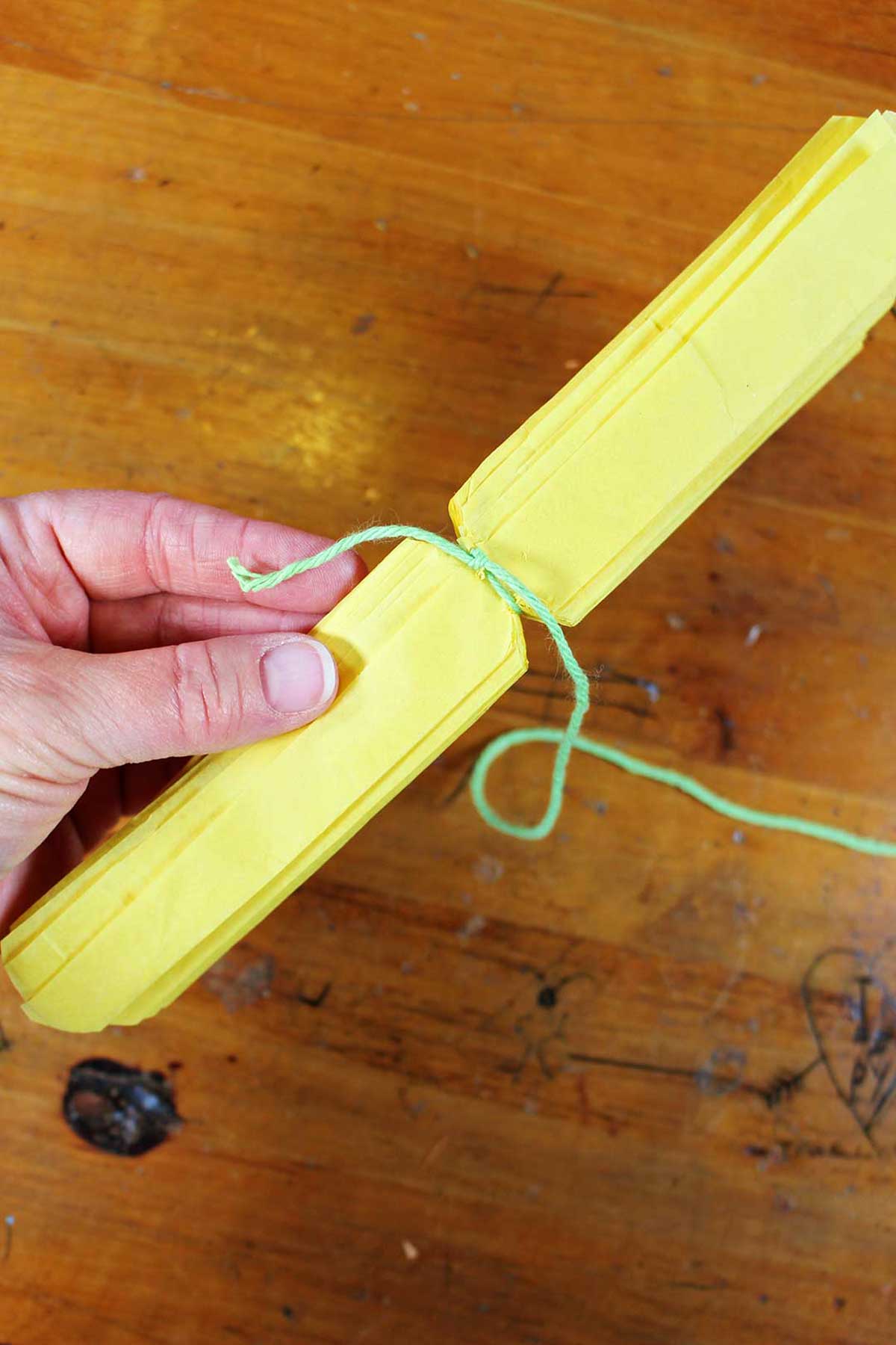 Hand holding folded and trimmed yellow tissue paper with green yarn tied around the center.