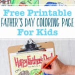 Two images of colored Father's Day Coloring Pages. One is a close up view and one is an image of a hand putting the finishing touches on the page clipped into a clip board.