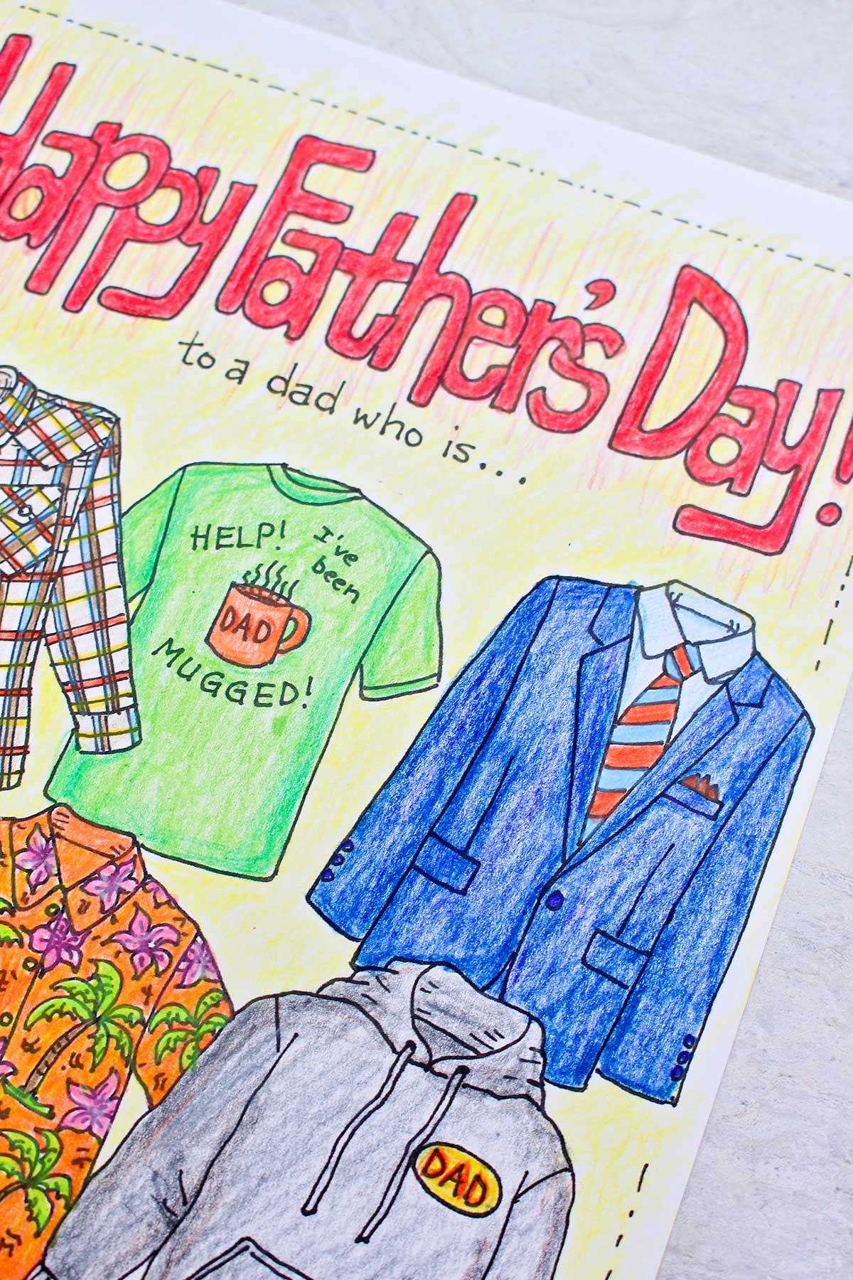 Close up view of completed Father's Day Coloring Page.