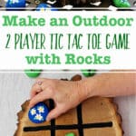 Two images of completed tic tac toe boards with painted rocks.