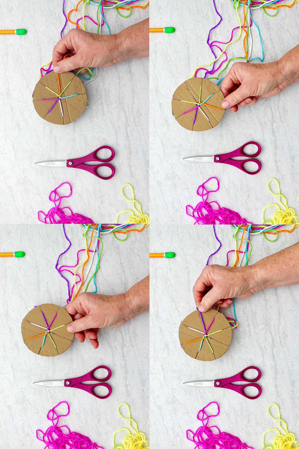 Several steps of weaving a round friendship bracelet on a cardboard loom