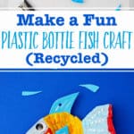 Two images of completed plastic bottle fish painted colorfully.