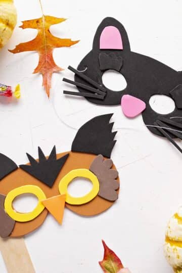 Craft foam owl and cat masks surrounded by fall leaves, pumpkins, and candy.