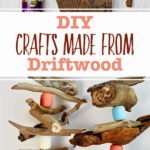 Two images of driftwood craft projects. One image is a hand placing a rock on a driftwood wall art piece and another is an image of hanging driftwood pieces with painted wooden beads in between.