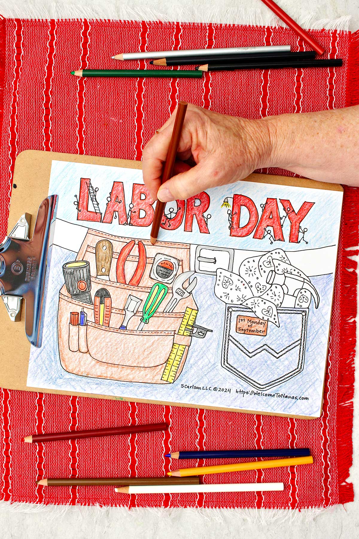 Person coloring tool belt brown on Labor Day coloring page.