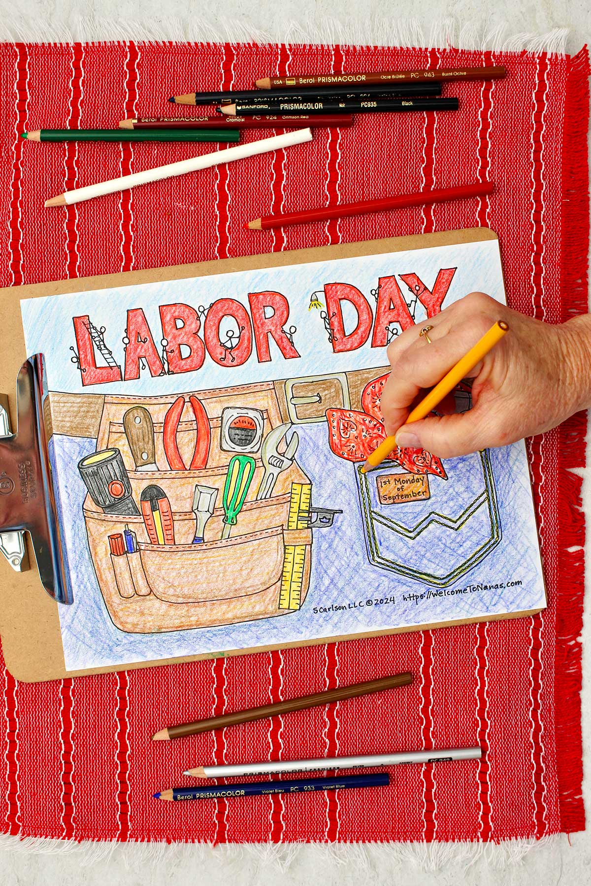 Person coloring stitching in jeans pocket yellow on Labor Day coloring page.