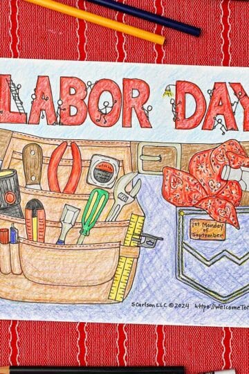 Completed Labor Day coloring page of a tool belt filled with tools and a pocked with hammer and handkerchief clipped into a clip board resting on a red placemat.