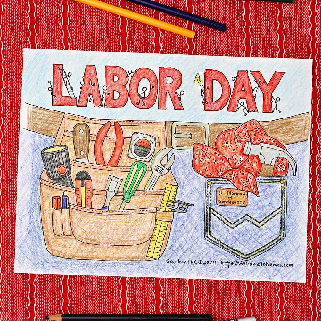 Completed Labor Day coloring page of a tool belt filled with tools and a pocked with hammer and handkerchief clipped into a clip board resting on a red placemat.