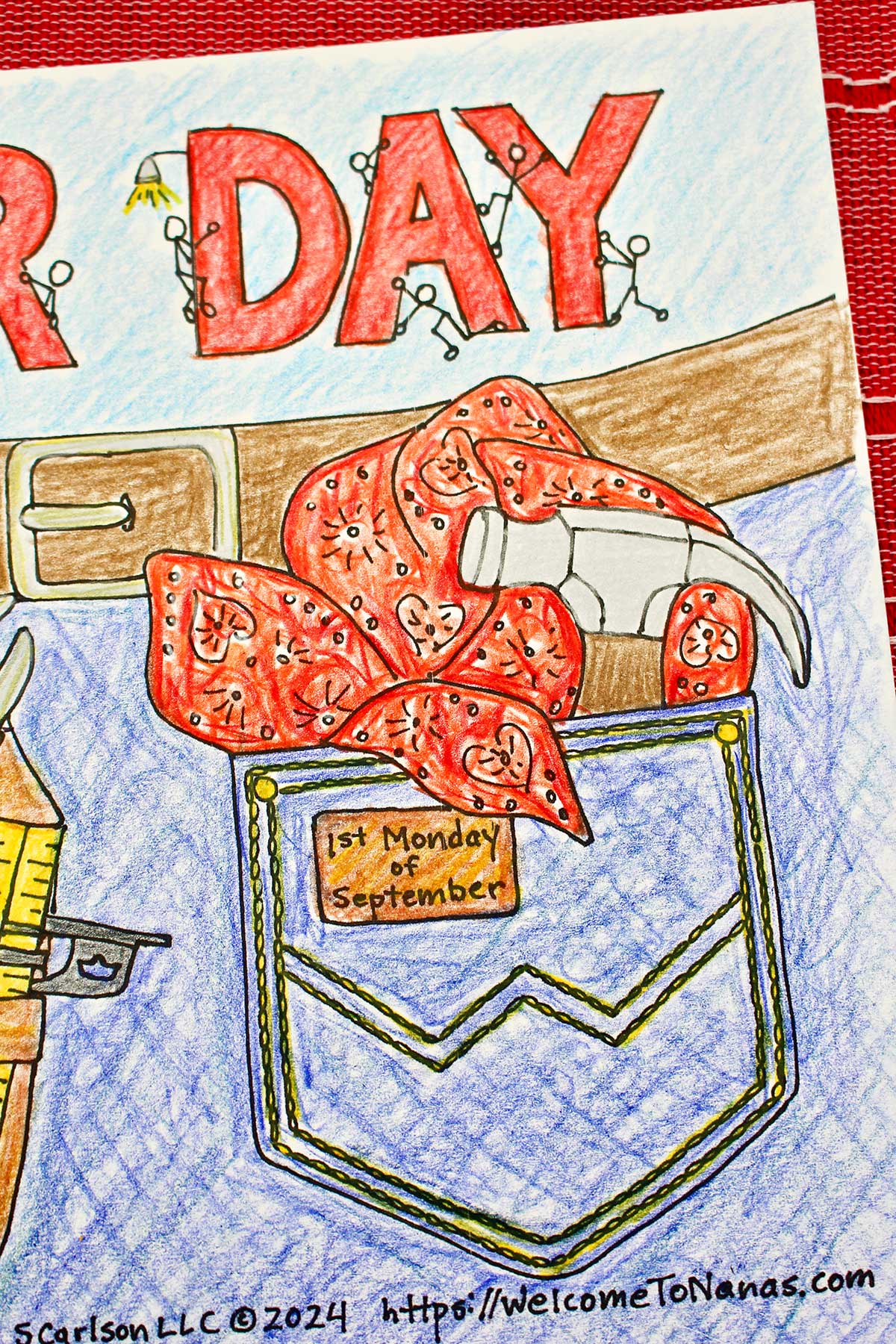 Close up of colored jeans pocket with hanker-chief and hammer inside on Labor Day coloring page.