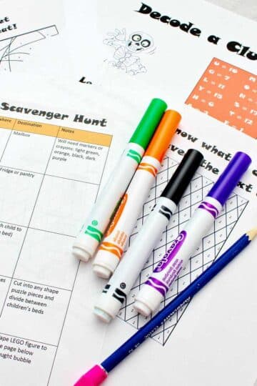 Printable scavenger hunt sheets, some Crayola markers and a pencil.