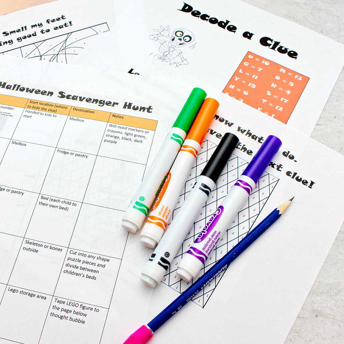 Printable scavenger hunt sheets, some Crayola markers and a pencil.