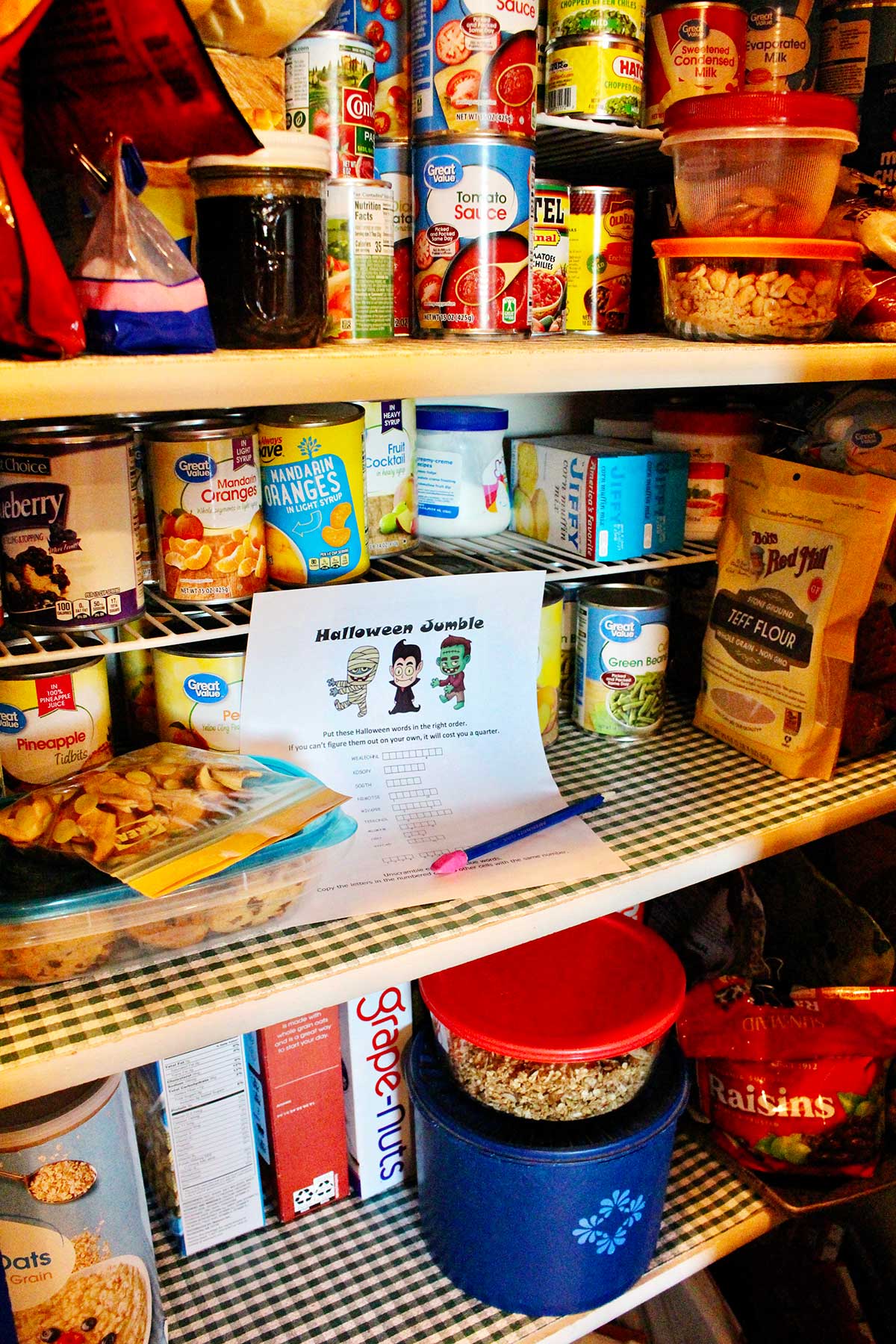 A scavenger hunt page in a pantry of food.