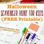 Printable scavenger hunt sheets, some Crayola markers and a pencil and a scavenger hunt page in a pantry.