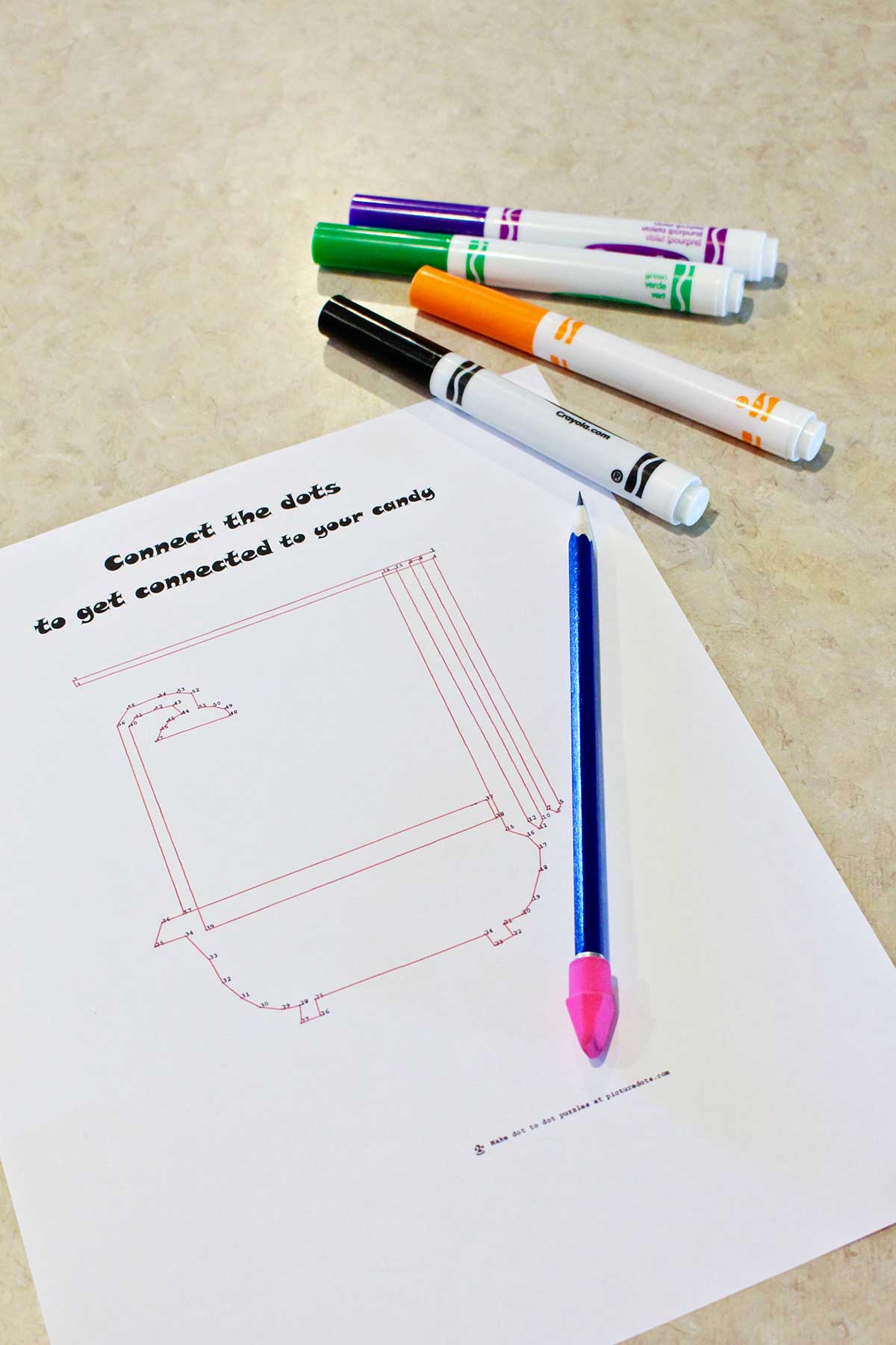 Connect the dots printable, some Crayola markers and a pencil.