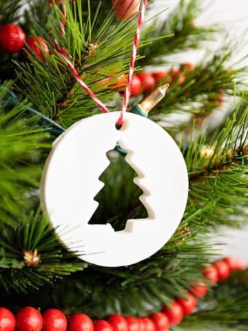 Person hanging circular cornstarch ornament with tree cut-out on a Christmas tree with white lights and red wooden garland.