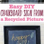 Image of person rubbing away chalk on completed DIY chalkboard sign and completed sign with "happy fall y'all" written on it propped up on counter.