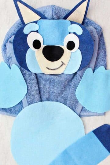 A blue healer Halloween costume made from felt and a blue terrycloth towel.