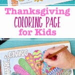 Two images of Thanksgiving coloring page, one completed and one with a person shading in turkey's head brown.