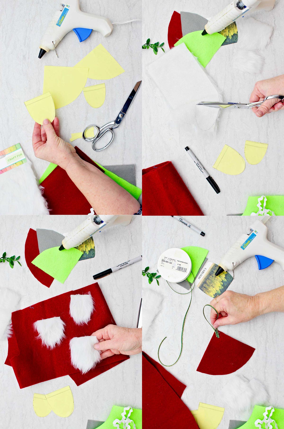 Person holding a template to use to cut out a piece of craft fur for a gnome beard, cutting the beard from white fur, and attaching a loop to a hat cutout.