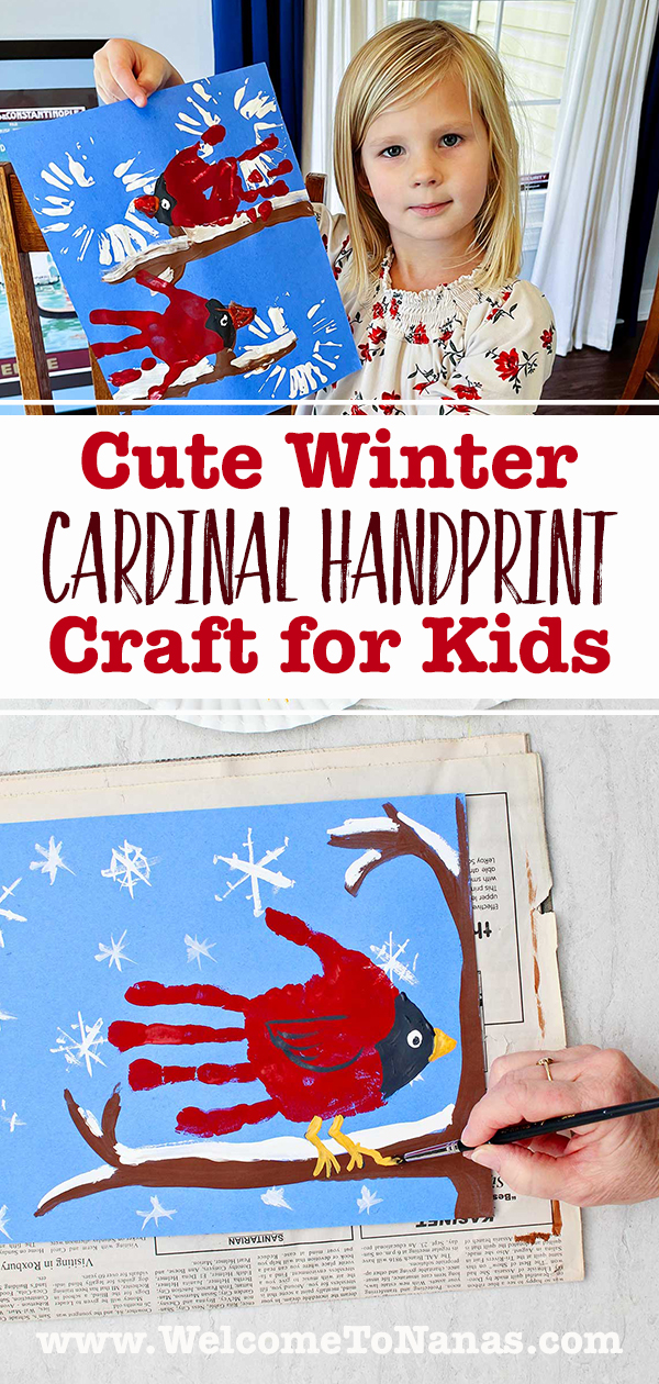 A young blonde girl holds up her cute winter cardinal handprint craft and an image of a person painting final details on their cardinal handprint craft.