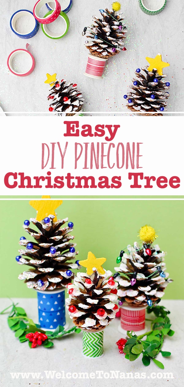 Three painted DIY Pinecone Christmas Trees with stars and bead lights