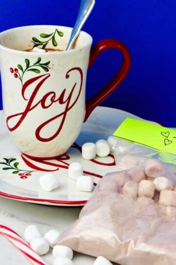 Holiday mug on saucer with marshmallows and bag of hot chocolate mix near by against a royal blue background.