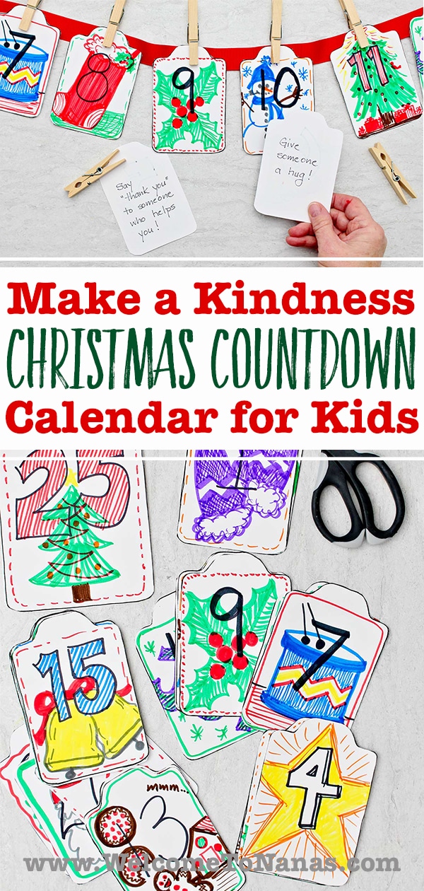 Many colorfully colored numbered countdown cards with festive drawings on them with and kindness instructions on the other side.