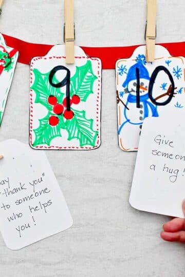 Kindness cards 8, 9 & 10 with festive colorful drawings and a person flipping over two cards to show the kindness instruction on them.