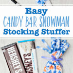 Images of completed candy bar snowman stocking stuffers with candy bars and other supplies near by.