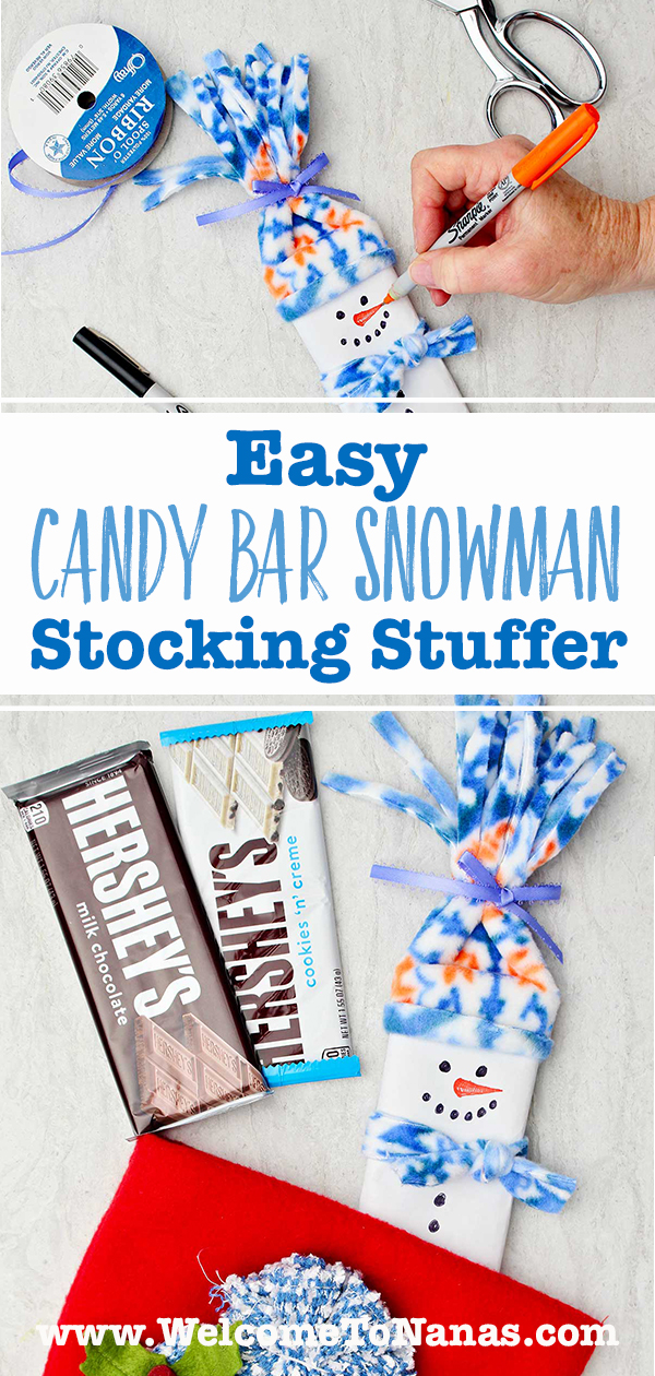 Images of completed candy bar snowman stocking stuffers with candy bars and other supplies near by.