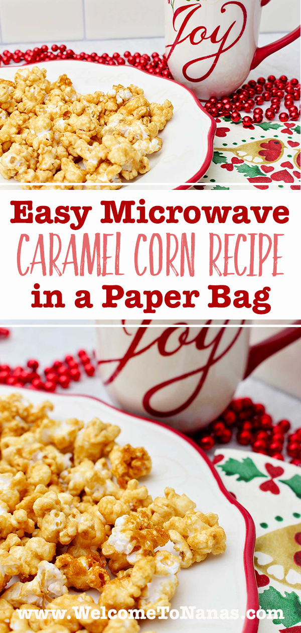 Two images of caramel corn on a white plate with red rim, a holiday mug that says "joy" and some red beads near by.