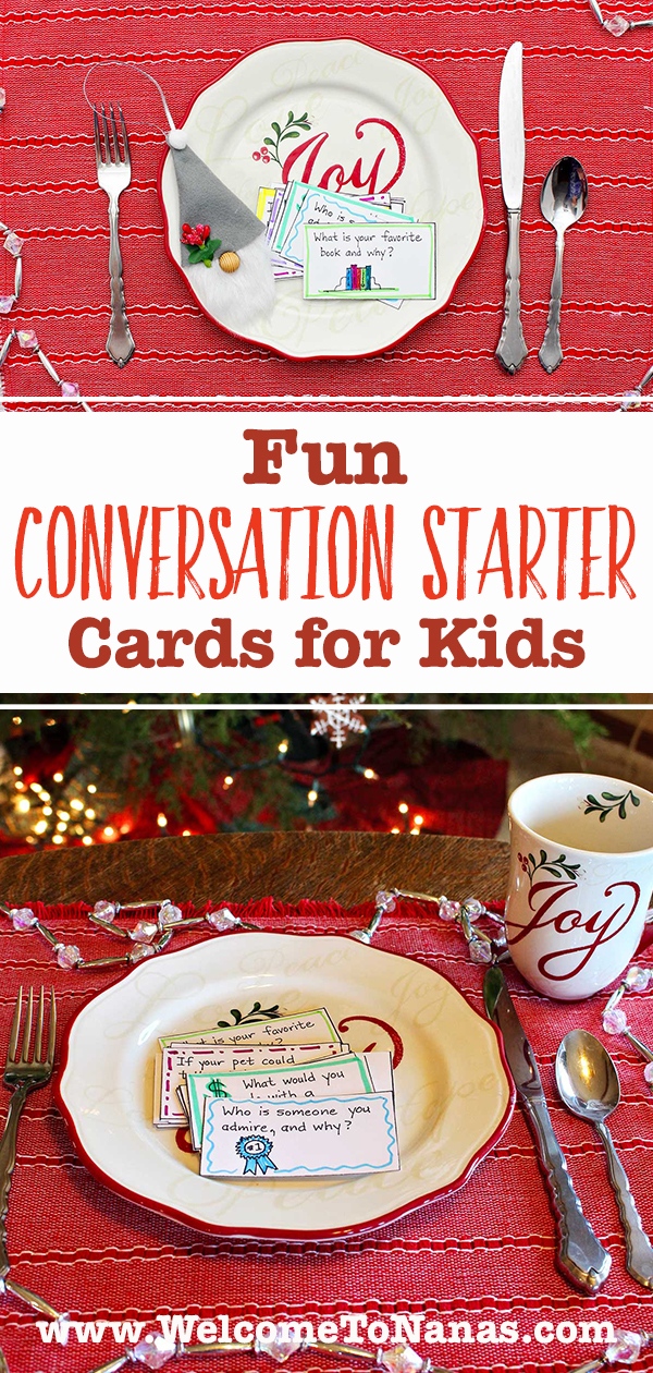 Two images with holiday plates with conversation starter cards on them with holiday decor around.