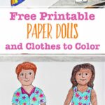 Colored in paper doll clothing and completed male and female paper dolls on stands.