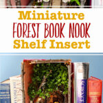 Two images of a forest book nook with twigs and flowers and a gnome nestled in between old books.