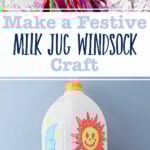 Milk jug windsock outside with purple flowered tree behind it and a milk jug windsock image against a blue background.
