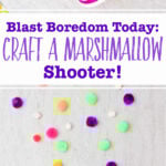 An image of two marshmallow shooters with colorful pom poms shooting out and an image of the back end of the shooter showing the balloon.