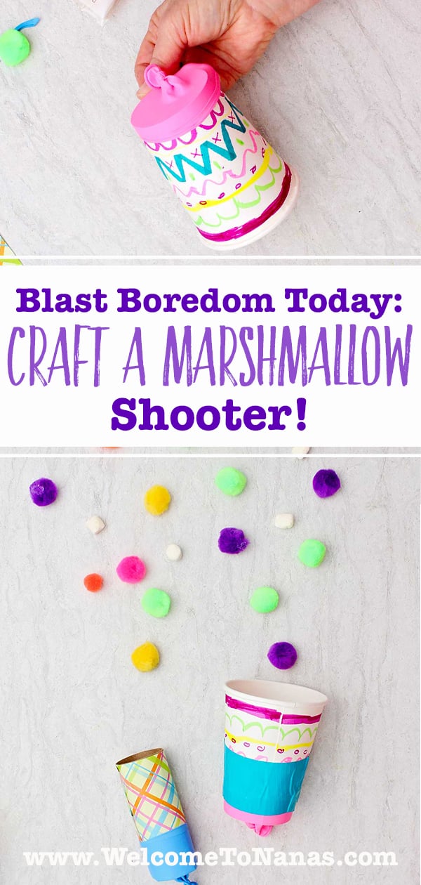 An image of two marshmallow shooters with colorful pom poms shooting out and an image of the back end of the shooter showing the balloon.