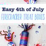 Three 4th of July firecracker treat boxes decorated with red white and blue paper and washi tape with some scraps of festive paper scattered around and an image of a person placing a blue paper star on completed treat box.