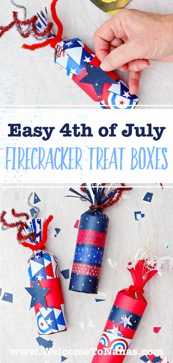 Three 4th of July firecracker treat boxes decorated with red white and blue paper and washi tape with some scraps of festive paper scattered around and an image of a person placing a blue paper star on completed treat box.