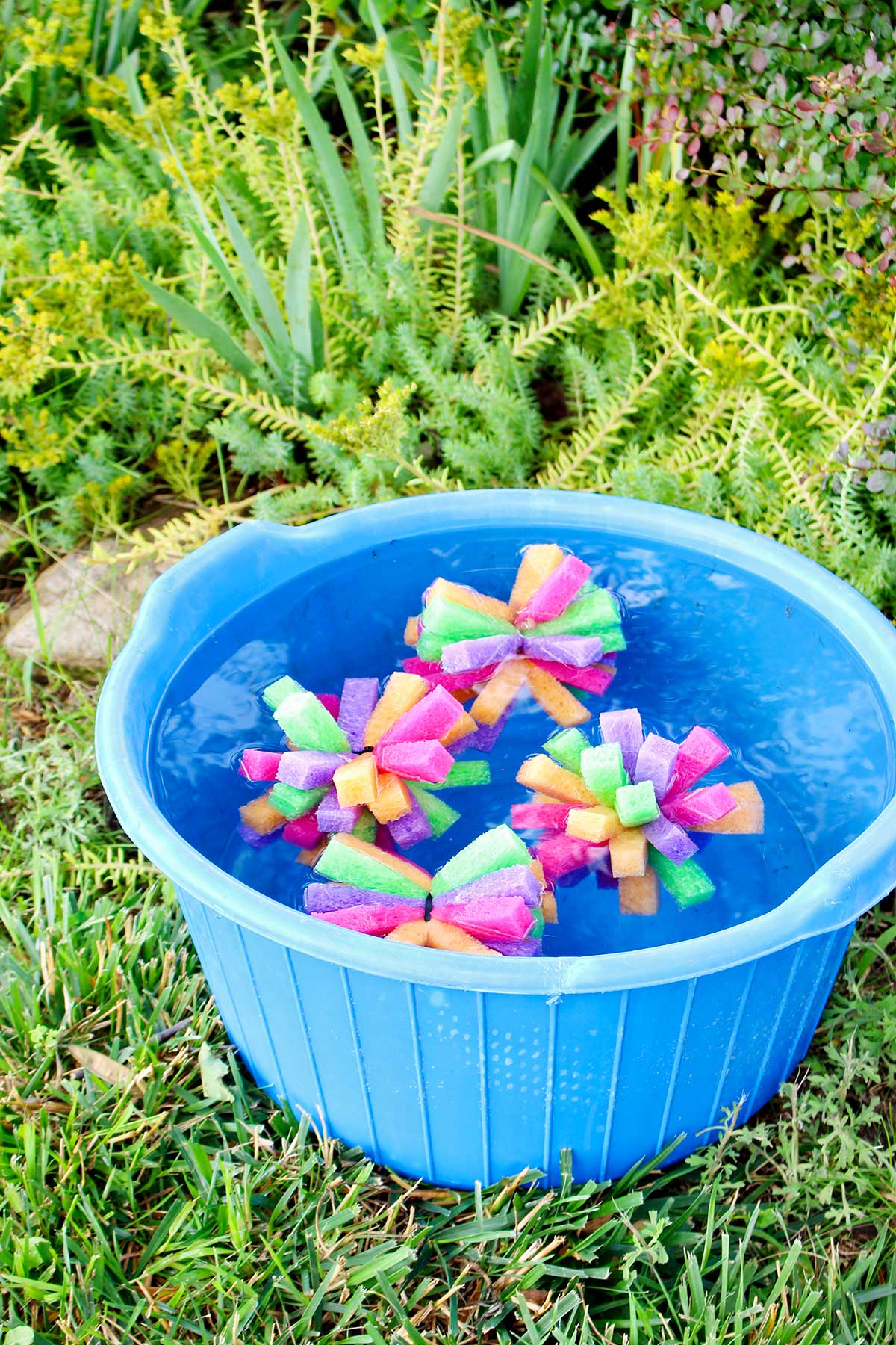 Four multi colored sponge bombs in a blue bucket full of water outside.