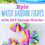 Image of multi colored sponge bombs in a blue bucket full of water outside and an image of four completed multi colored sponge bombs.