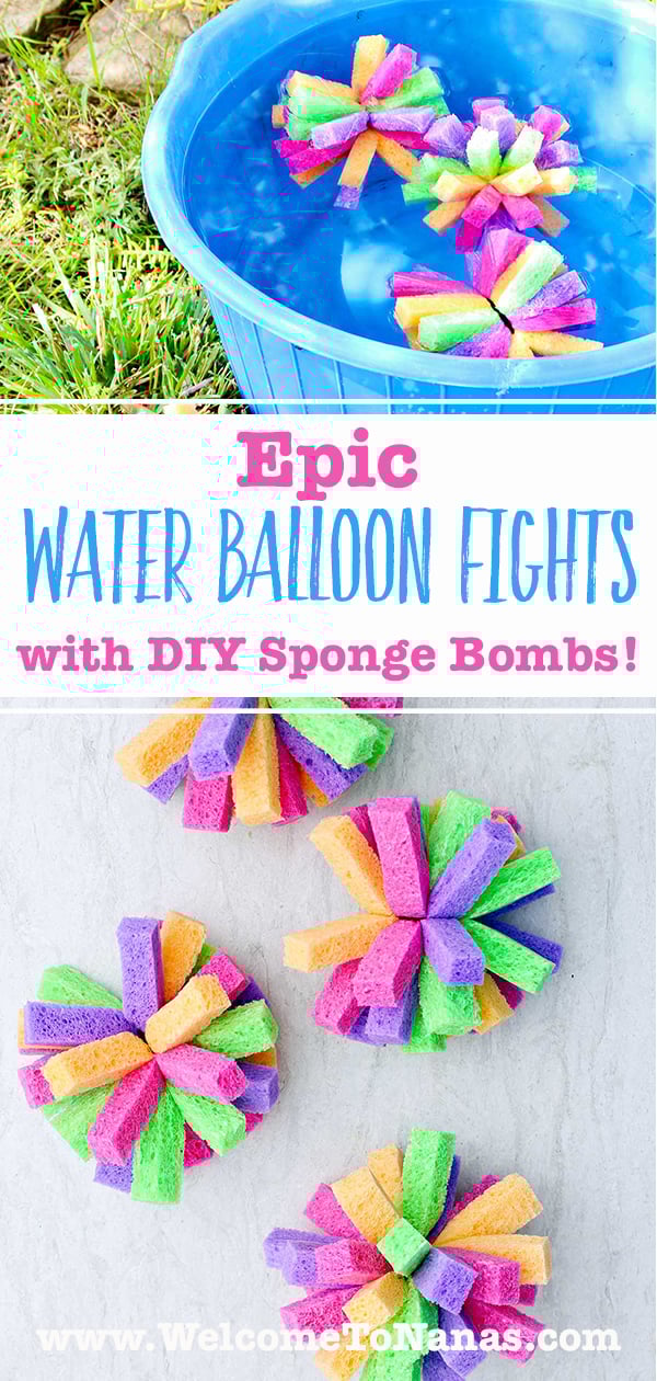 Image of multi colored sponge bombs in a blue bucket full of water outside and an image of four completed multi colored sponge bombs.
