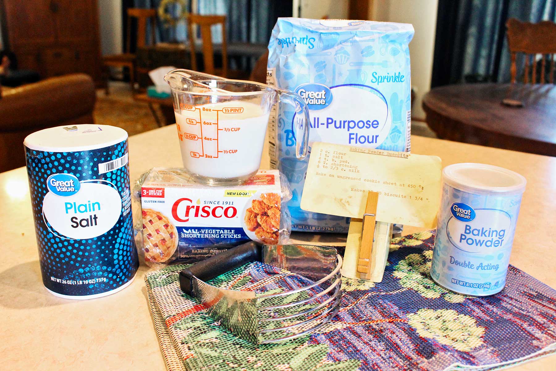 Ingredients used to make Baking Powder Biscuits and Gravy sitting on a counter.