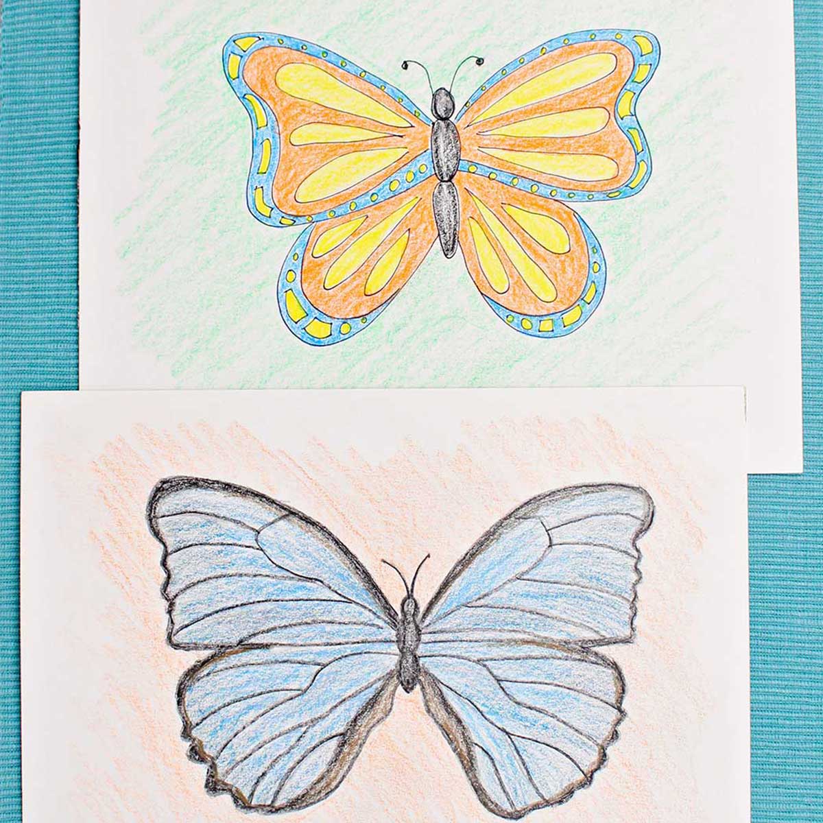 Blue and black colored butterfly drawing and orange, yellow and blue colored butterfly on blue placemat.